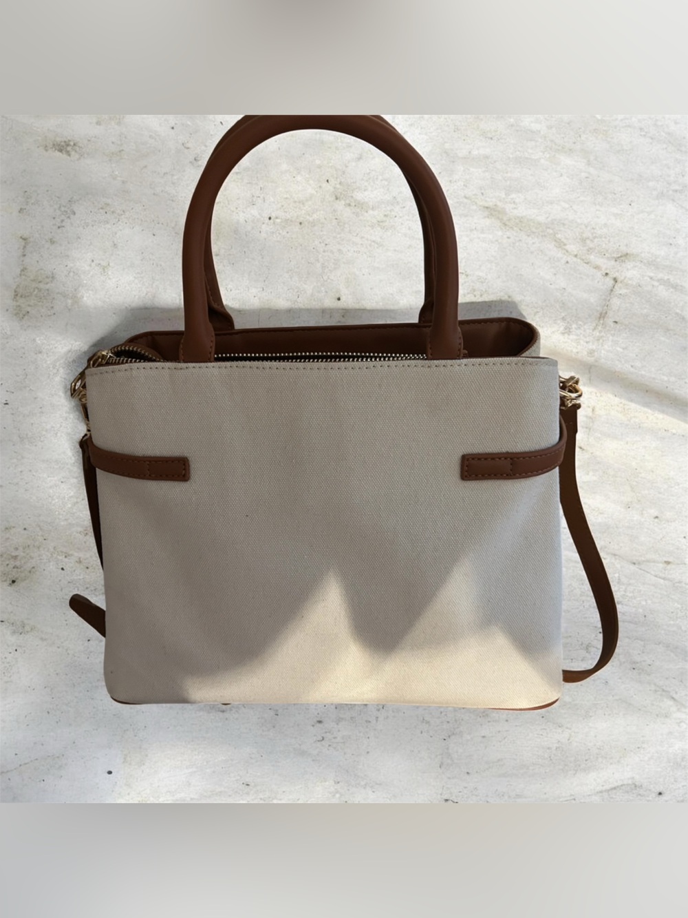 Canvas Tote Handbag in Beige with Brown Trim